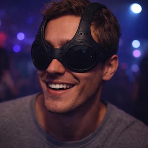 May include: Black steampunk-style goggles with a head strap. The goggles have two round lenses and are made of a matte black material. The person wearing the goggles is smiling.