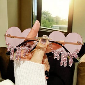Designer Pink Sunglasses For Women, Heart Shaped Rimless Sunglasses With Rhinestones Tear, Festival Accessories, Funky Shades, Gift for Her