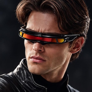 May include: A pair of black visor-style sunglasses featuring a single, continuous horizontal lens with a reflective red and orange gradient finish. The frame is sleek, dark, and wraps around the upper face, covering the eyes completely.