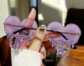Cute Designer Heart Sunglasses For Women, Melting Heart Rimless Sunglasses With Rhinestones, Rave Accessories, Festival Wear, Gift for Her