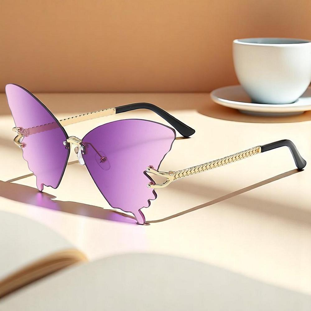 Occhiali Da Sole Farfalla Senza Montatura Con Strass – Lenti Sfumate Blu Viola Giallo, Accessorio Chic Per Feste, Estate E Carnevale