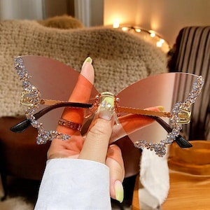 Funky Rhinestones Butterfly Sunglasses For Women, Cute Rimless Sunglasses, Festival Accessories, Cute Summer Party Sunglasses, Gift For Her