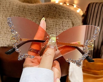 Funky Rhinestones Butterfly Sunglasses For Women, Cute Rimless Sunglasses, Festival Accessories, Cute Summer Party Sunglasses, Gift For Her