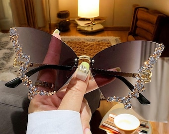 Funky Rhinestones Butterfly Sunglasses For Women, Cute Rimless Sunglasses, Festival Accessories, Cute Summer Party Sunglasses, Gift For Her
