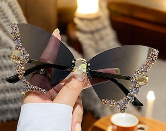 Funky Rhinestones Butterfly Sunglasses For Women, Cute Rimless Sunglasses, Festival Accessories, Cute Summer Party Sunglasses, Gift For Her