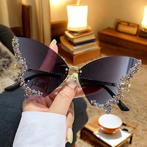 Funky Rhinestones Butterfly Sunglasses For Women, Cute Rimless Sunglasses, Festival Accessories, Cute Summer Party Sunglasses, Gift For Her