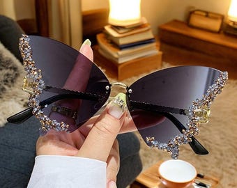 Funky Rhinestones Butterfly Sunglasses For Women, Cute Rimless Sunglasses, Festival Accessories, Cute Summer Party Sunglasses, Gift For Her