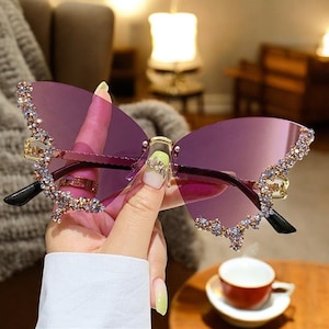 Funky Rhinestones Butterfly Sunglasses For Women, Cute Rimless Sunglasses, Festival Accessories, Cute Summer Party Sunglasses, Gift For Her