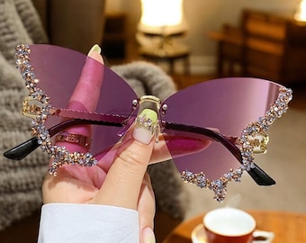Funky Rhinestones Butterfly Sunglasses For Women, Cute Rimless Sunglasses, Festival Accessories, Cute Summer Party Sunglasses, Gift For Her