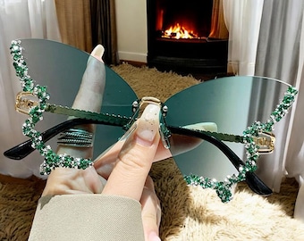 Funky Rhinestones Butterfly Sunglasses For Women, Cute Rimless Sunglasses, Festival Accessories, Cute Summer Party Sunglasses, Gift For Her