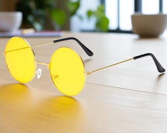 Óculos de Sol Redondos Amarelos, Moda Rave, Óculos Coloridos com Armação Redonda para Mulheres e Homens, Óculos Estilosos com Armação Metálica Espelhada, Óculos Divertidos para Festas