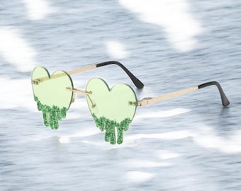 Funky Glitter Heart Rimless Sunglasses With Rhinestones, Festival Wear, Unique Green Heart Sunglasses Women, Party Sunglasses, Gift for Her