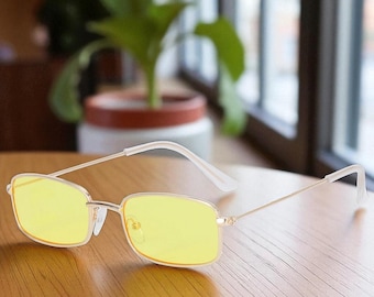 Óculos de sol com armação de metal amarelo dourado, óculos de sol retangulares quadrados pequenos vintage para homens e mulheres, óculos de proteção coloridos, presente legal