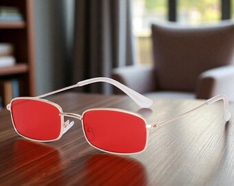 Gold Red Metal Frame Sunglasses, Vintage Small Square Rectangle Shades for Men and Women, Colourful Eyewear, Summer Fashion Accessory