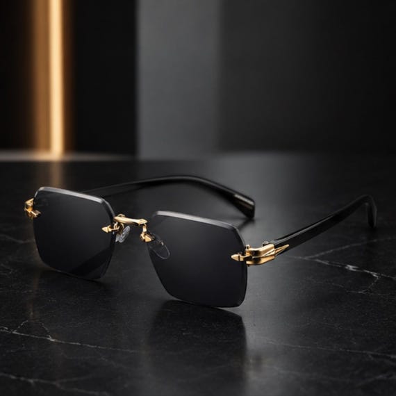 Rimless Rectangular Sunglasses, Black Stainless Steel Frame, UV400 Lens, Minimal Sunglasses for Women and Men, Lightweight Eyewear Gift