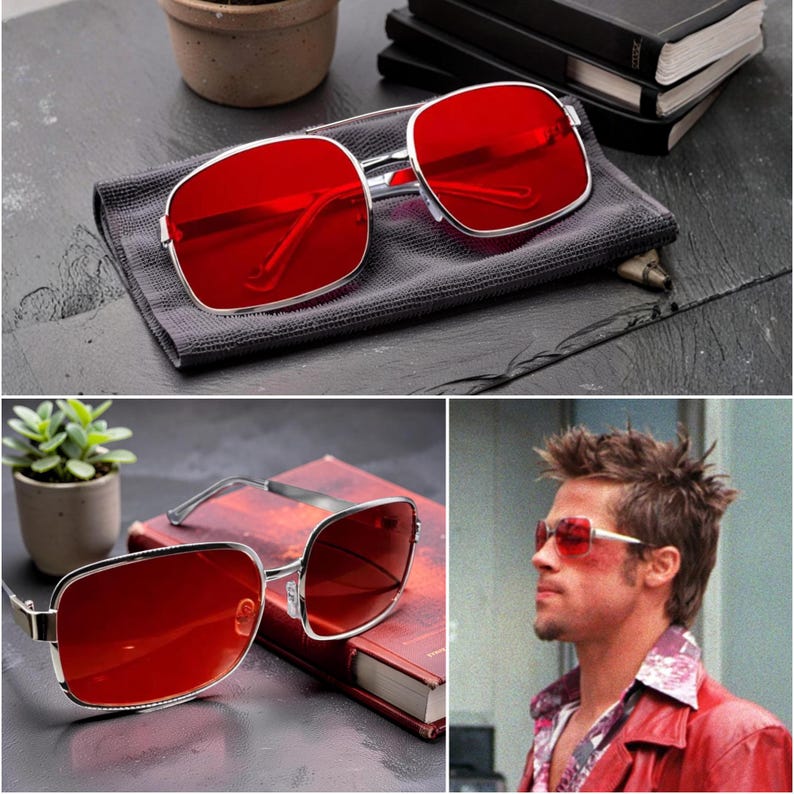 Tyler Durden solglasögon, Fight Club-inspirerade tonade solglasögon, moderiktiga solglasögon för män och kvinnor, solglasögon med röda linser bild 1