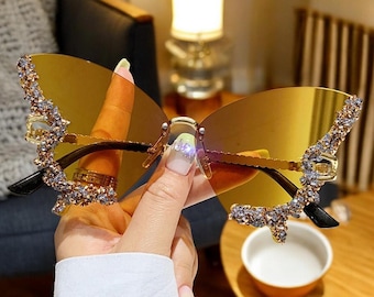 Funky Rhinestones Butterfly Sunglasses For Women, Cute Rimless Sunglasses, Festival Accessories, Cute Summer Party Sunglasses, Gift For Her