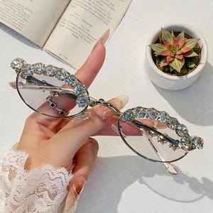 Puede incluir: Gafas con montura plateada y lentes transparentes. Las monturas están adornadas con una fila de brillantes pedrería en la parte superior y los lados. Las gafas están sostenidas por una mano con uñas largas y cuidadas. Una pequeña planta suculenta en una maceta blanca está en el fondo.