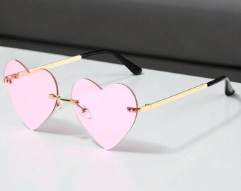 Stylish Pink Heart-Shaped Sunglasses, Rimless Heart Shaped Eyewear, Festive Gift Idea