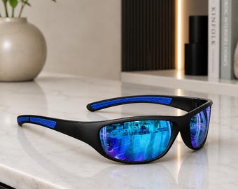 Polarized Sports Glasses, Black and Blue Cycling Sunglasses for Men and Women, Protection Outdoor Eyewear, Running Glasses, Active Eyewear
