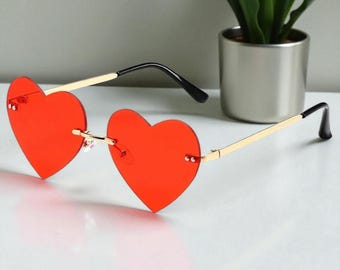 Unique Red Heart-Shaped Sunglasses, Rimless Stylish Glasses, Quirky Gift for Her