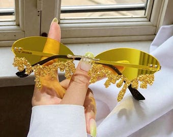 Gafas de sol modernas sin montura con diamantes negros y dorados para mujer, gafas de sol de lujo con forma de lágrima y diamantes de imitación, un regalo ideal.