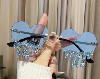 Stylish Festival Sunglasses For Women, Heart Shaped Rimless Sunglasses With Rhinestones Tear, Rave Accessories, Cosplay Shades, Gift for Her