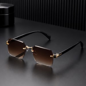Randloze rechthoekige zonnebril, zwart roestvrijstalen frame, UV400-lens, minimale zonnebril voor dames en heren, lichtgewicht brilcadeau afbeelding 14