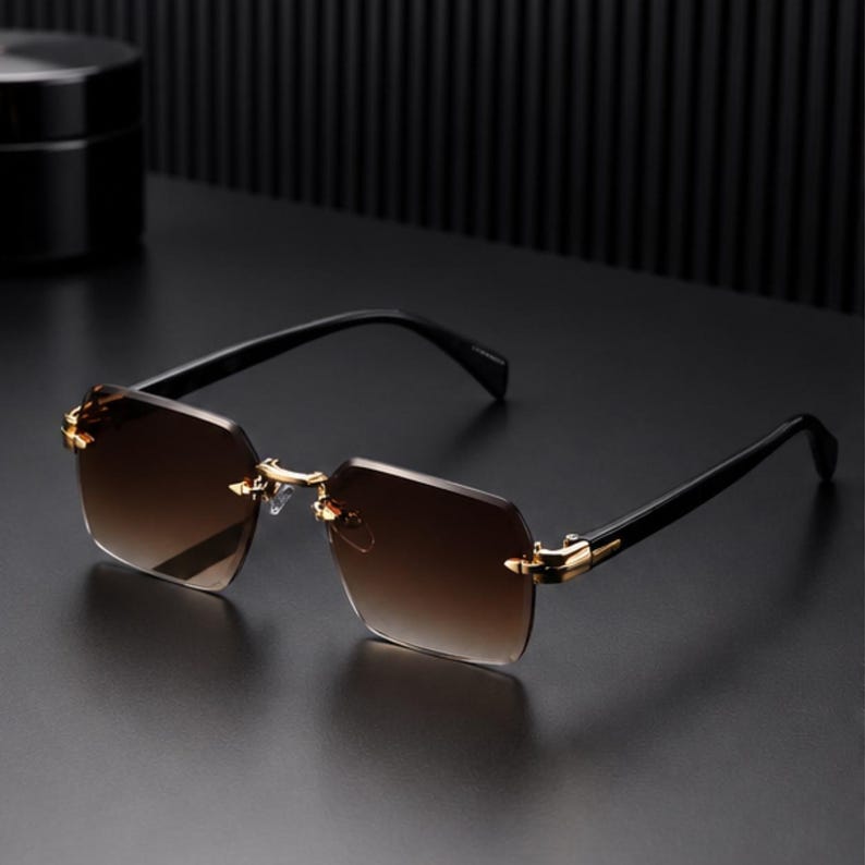 Randloze rechthoekige zonnebril, zwart roestvrijstalen frame, UV400-lens, minimale zonnebril voor dames en heren, lichtgewicht brilcadeau afbeelding 14