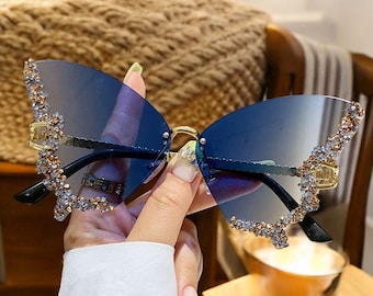 Funky Rhinestones Butterfly Sunglasses For Women, Cute Rimless Sunglasses, Festival Accessories, Cute Summer Party Sunglasses, Gift For Her