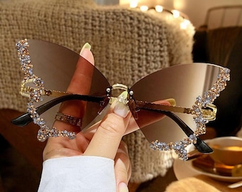 Funky Rhinestones Butterfly Sunglasses For Women, Cute Rimless Sunglasses, Festival Accessories, Cute Summer Party Sunglasses, Gift For Her