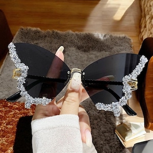 Funky Rhinestones Butterfly Sunglasses For Women, Cute Rimless Sunglasses, Festival Accessories, Cute Summer Party Sunglasses, Gift For Her
