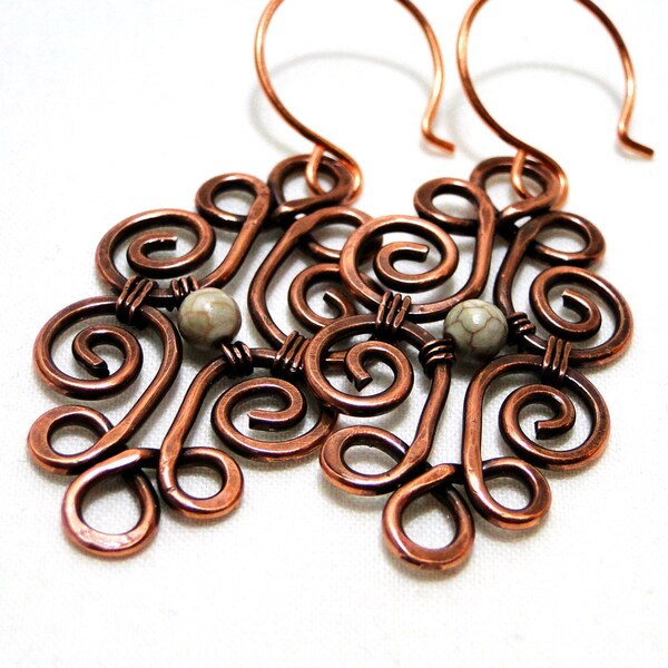 Wire Jewelry, Howlite, Motif Design, Antiqued Copper Jewelry, Wire Wrapped Earrings