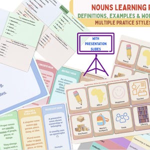 Könnte beinhalten: Lehrmaterialien zum Erlernen von Nomen, mit Definitionen, Beispielen und Arbeitsblättern. Das Paket enthält mehrere Übungsstile und Präsentationsfolien. Farbige Karten und Arbeitsblätter sind sichtbar, mit Text wie "Konkretes Nomen" und "Abstraktes Nomen".