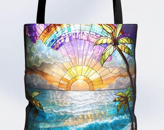 AOP Tote Bag Colorful Stained Glass Sunset Summer Beach Vacation Gift for Her Eco-Frien Reusable Grocery Bag for Summer Vibes Rainbow Island