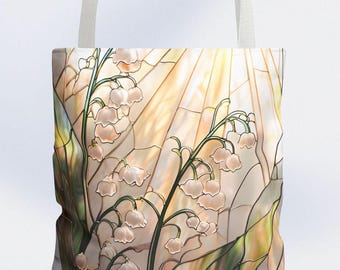 Elegant Stained Glass aop Tote Bag Floral Carry-All for Shopper Iridescent flowers Best Gift for Mom Botanic Lover Lily of the Valley purse