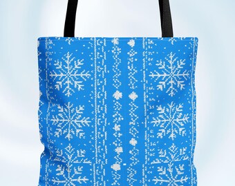 Bolsa de mano con copos de nieve de colores, regalo de invierno para ella, bolsa de playa para compras, patrón de punto de copos de nieve escarchados, bolsa de supermercado reutilizable, recuerdos