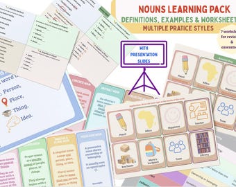 Nouns Grammar Unit Worksheets Task Cards & Teaching Slides Types of Nouns Activities ESL Printable 1/8 parts of speech Noun Worsheets