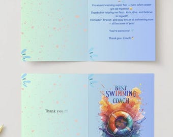 Children Swimming Coach Thank You Card Foldable A6 PDF Canva Template Rainbow Watercolor Life Buoy Design High-Quality Transparent PNG file