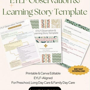 May include: A set of printable and editable EYLF Observation & Learning Story Template documents for early childhood educators. The documents are EYLF-aligned and designed for preschool, long day care, and family day care settings. Includes an instant download option.