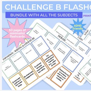 May include: A set of flashcards with the title "CHALLENGE B FLASHCARDS" and the phrase "BUNDLE WITH ALL THE SUBJECTS". The cards cover subjects such as Debate, Logic, Math, and Science. The image also includes the text "ADHD Friendly".