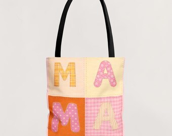 MAMA Design Patchwork Tote Bag  AOP Tote bag Cute Pink Handmade Style Bag Gift for Mom Everyday Carry All