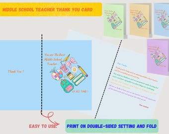 Middle School Teacher Thank You Card Printable & Canva Colorful Teacher Appreciation Card Teacher Gift
