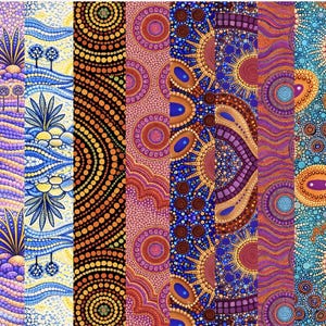 May include: A selection of patterned fabric samples. The designs showcase circular and geometric patterns in pink, purple, blue, orange, and brown. The fabrics appear to be inspired by Aboriginal art, with a dot-painting style.