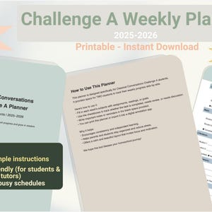 以下が含まれることがあります： 2人の学生向けのデジタル週間プランナーで、「Challenge A Weekly Planner 2025-2026」と表示されています。 ADHDフレンドリーで、122ページのミニマリストプランニングが含まれています。 使いやすく、初心者向けです。