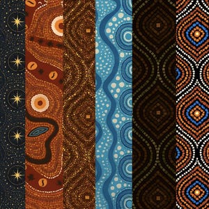 May include: Eight vertical panels displaying Aboriginal art patterns. The designs feature earthy tones of brown, orange, and red, alongside navy blue and light blue. Each panel displays unique dot and line patterns.