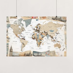 Plakat z mapą świata w stylu vintage, sztuka ścienna podróżnicza, wystrój domu, prezent eksploracyjny, plakat edukacyjny, idealny dla poszukiwaczy przygód, Carte du monde, mural