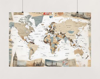 affiche vintage de carte du monde, oeuvre d'art murale de voyage, décoration d'intérieur, cadeau d'exploration, affiche éducative, parfaite pour les aventuriers, carte du monde, décoration murale