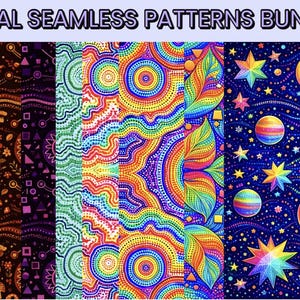 Puede incluir: Un paquete de descarga digital de patrones sin costuras aborígenes. Los patrones presentan diseños coloridos con puntos, líneas y formas en varios colores. Un patrón tiene un tema de cielo nocturno con estrellas, lunas y planetas. El texto "ABORIGINAL SEAMLESS PATTERNS BUNDLE" está en la parte superior.