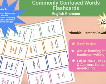 Commonly Confused Words Flashcards Homophones Mistaken Words Interactive Grammar with Fill-in-the-Blank Phrases Answers Instant Download PDF